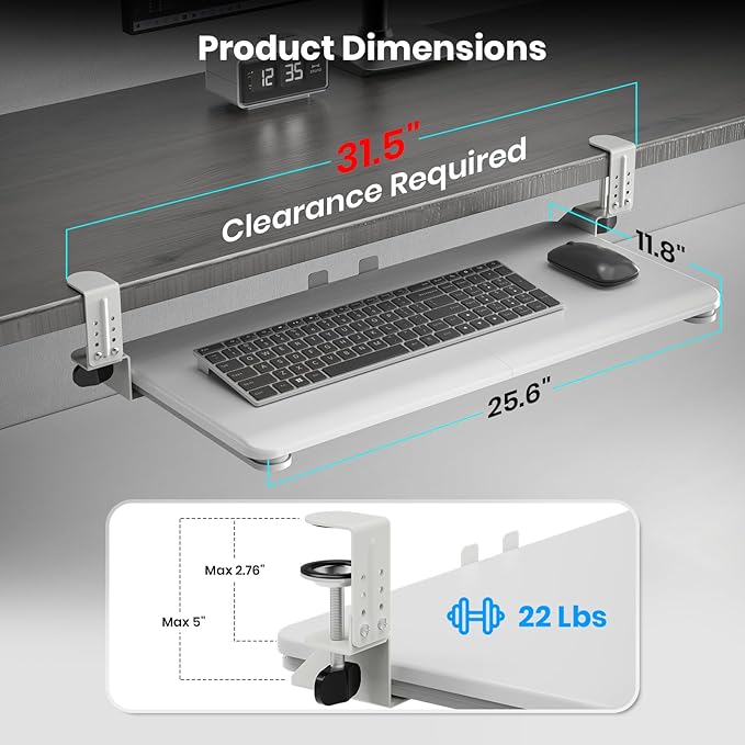 Keyboard Tray Under Desk, Pull Out Keyboard & Mouse Tray with Adjustable C-clamp, 25.6(31.5 Including Clamps) x 11.8 Inch Slide Out Computer Keyboard Drawer Mouse Tray for Typing,White