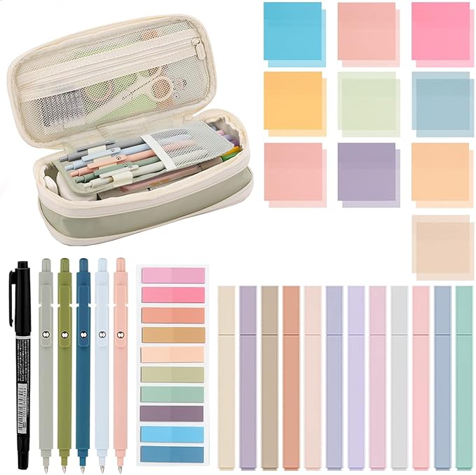 DHYLRICHER 39-Piece Aesthetic Book Annotation Kit with Pencil Case, Highlighters, Gel Pen, 700 Clear Sticky Notes, and Index Tabs – Ideal for School, College, Teachers, Office and Bible Journaling