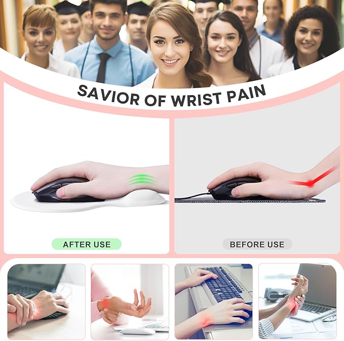 JIKIOU Mouse Pad, 2 Pack Ergonomic Mouse Pads with Comfortable Gel Wrist Rest Support and Smooth Cloth, Non-Slip PU Base for Easy Typing Pain Relief Durable and Easy to Clean Small White