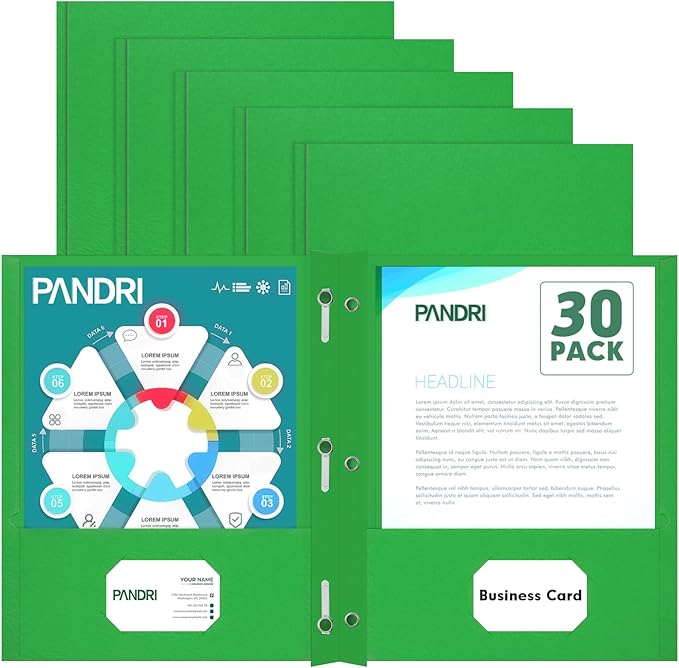 Two Pocket Folders, PANDRI 30 Pack Two Pocket Folders with Prongs, 3 Prong Folders Designed for Office and Classroom, Letter Size Green