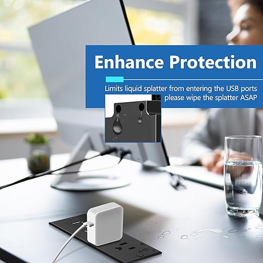 LIDER PD 36W Recessed Outlet Station with USB-A and USB-C Ports, Desktop Power Grommet, Power Delivery, Tamper-Resistant Receptacles, Power Strip for Desks and Cabinet, Black, 6.5ft Cord, ETL Listed