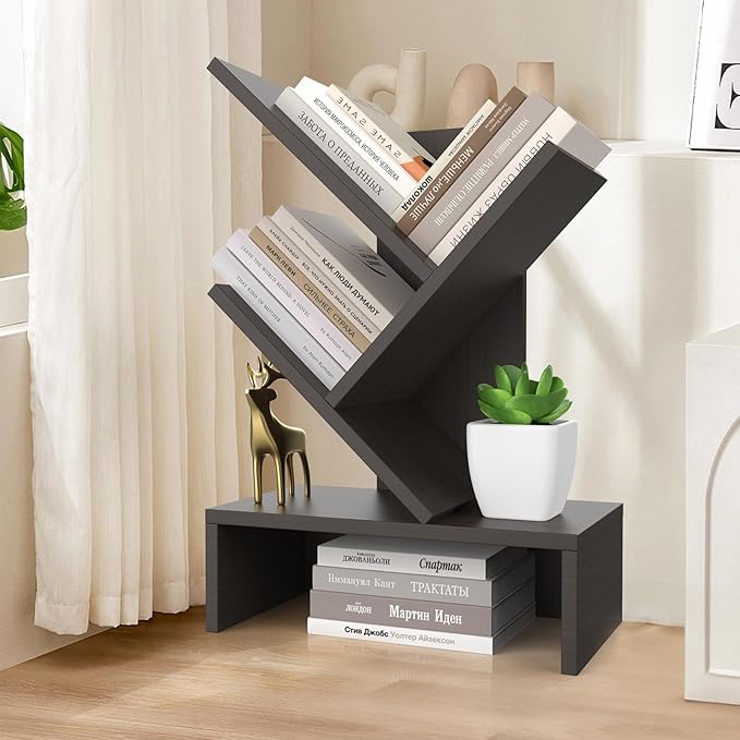 Godferyxin Tree Bookshelf with Drawer,Wood Small Bookshelf for School,Office,Desk Book Shelf Storage Rack for Decor,Bedrooms,Living Rooms Mini Shelf