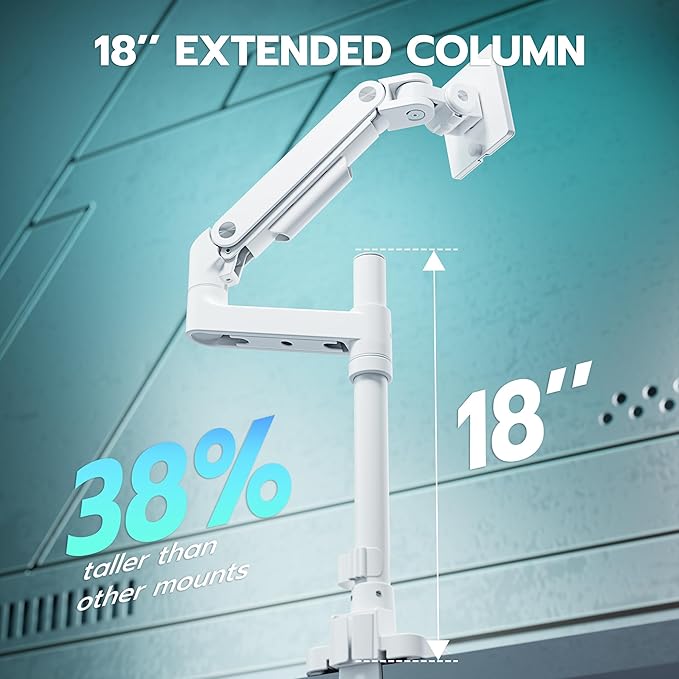 ARES WING Heavy Duty Monitor Arm with USB A/C, Tall Ultrawide Monitor Arm for 17 to 49 inch Screen, Holds 44 lbs, Adjustable Gas Spring Desk Mount, White