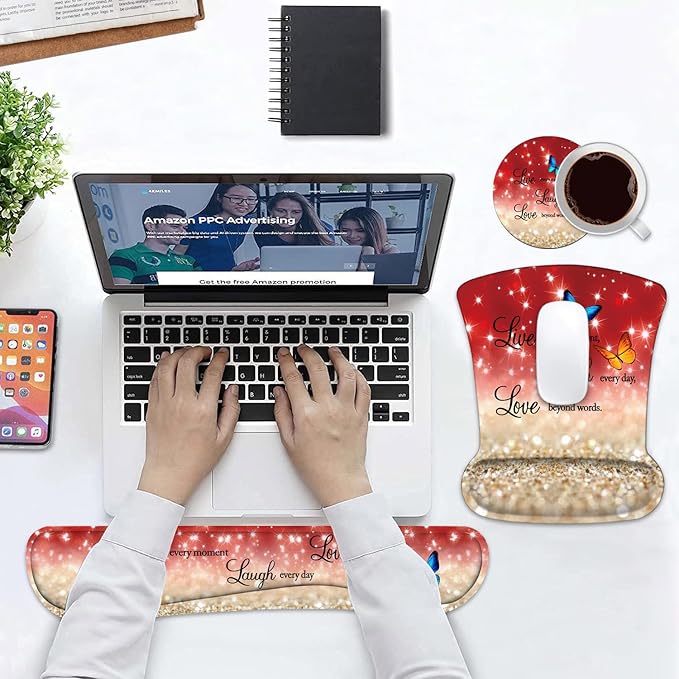 Keyboard Wrist Rest and Mouse Pad Wrist Support Set with Coasters, Non-Slip PU Base Ergonomic Mousepad for Computer Laptop Home Office Easy Typing & Pain Relief, Red Glitter Quote Live Laugh Love