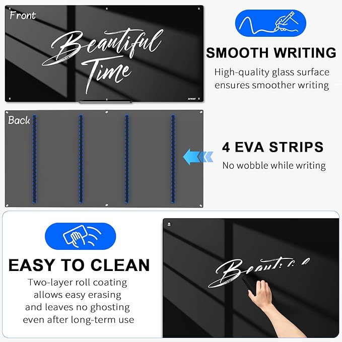 AFMAT Magnetic Glass Whiteboard, 96" x 48" Glass Dry Erase Board, 4mm Tempered Glass w/Strong Magnetic Surface, Large White Board for Wall, Frameless Wall Mounted Black Board for Office Home School