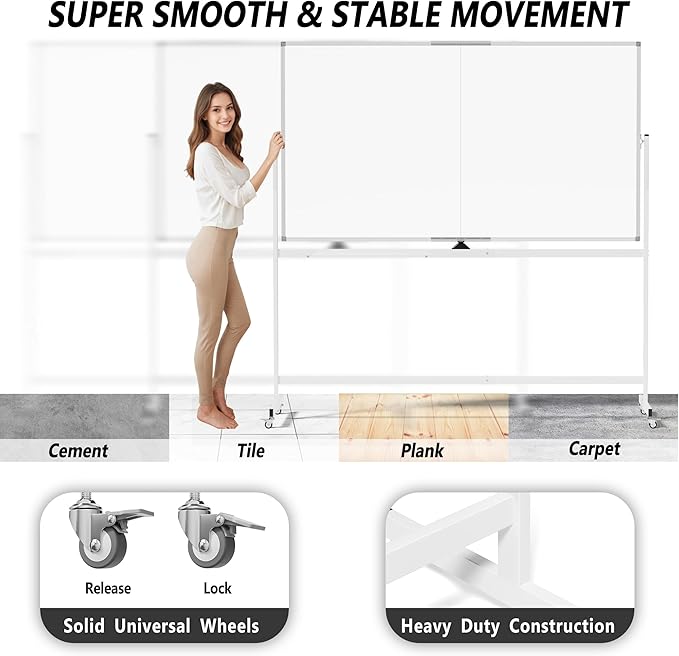 Large Rolling Whiteboard on Wheels, 72" x 40" Double-Sided Mobile White Board with Stand, Portable Standing Magnetic Dry Erase Board Easel for Home Office Classroom School, Silver