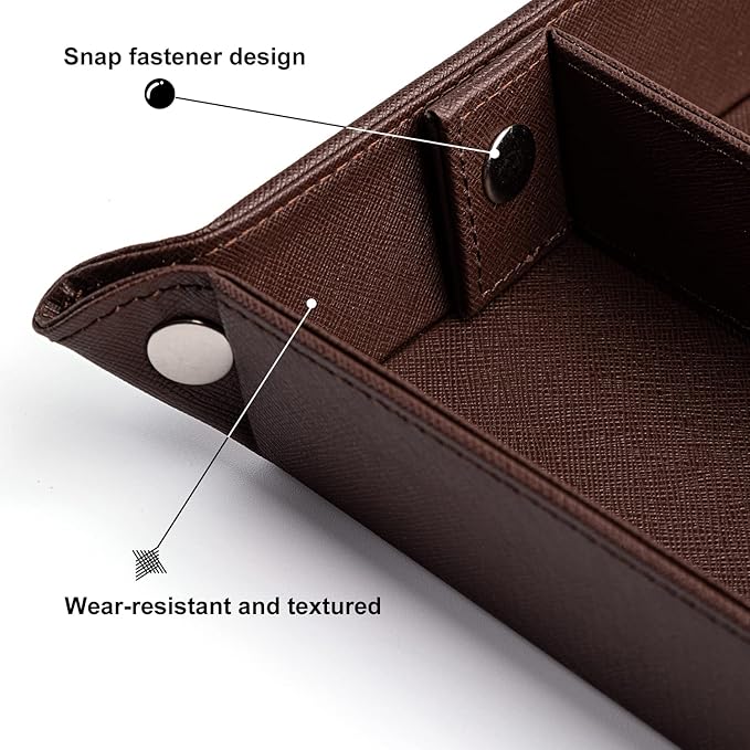 BONNY DODO Valet Tray for Men PU Leather Tray Organizer with Partition, Storage Keys, Watch & Practical Storage for Table Nightstand Living Room Bedroom (Dark Brown)