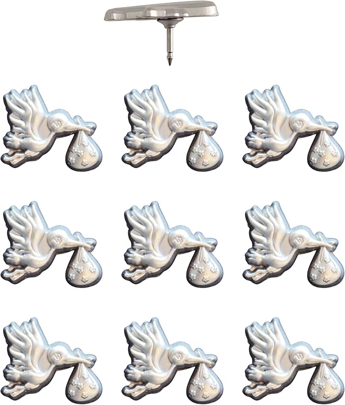 Stork Carrying Baby Map Pins - Silver Stork Pins for Cork Boards, Maps, or Lapel Use - Designed in USA - Set of 10