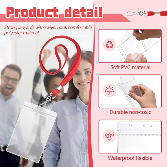 Chuangdi 100 Pcs Large 4 x 6 Inch Clear ID Badge Holder with Lanyard Waterproof Vertical Badge ID Card Holders Clear Plastic Tags Transparent PVC Pouch for Office (Red Lanyard)