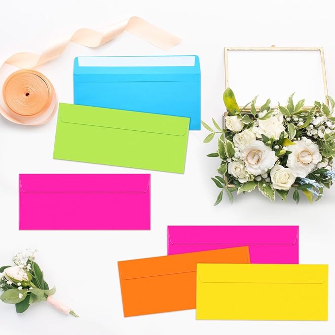 500 Pcs #10 Colored Envelopes Letter Size Business Envelopes Neon Adhesive Standard for Office Check Invoices Letters Letterhead Invitations Announcements 4-1/8 x 9-1/2''(Neon Color)
