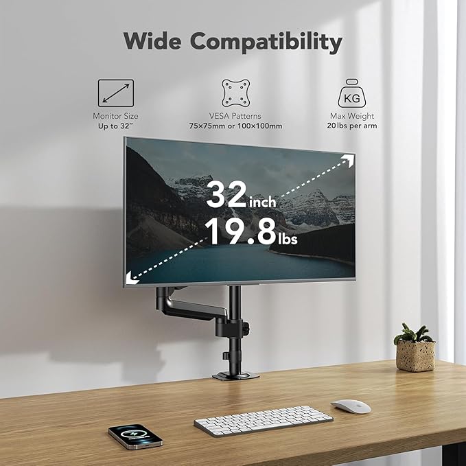 HUANUO Single Monitor Arm, Tall Computer Monitor Stand for 13–32 inch Screens Holds 4.4-19.8 lbs, Adjustable Monitor Mount Gas Spring Full Motion with C-Clamp & Grommet Base, VESA 75x75 or 100x100mm