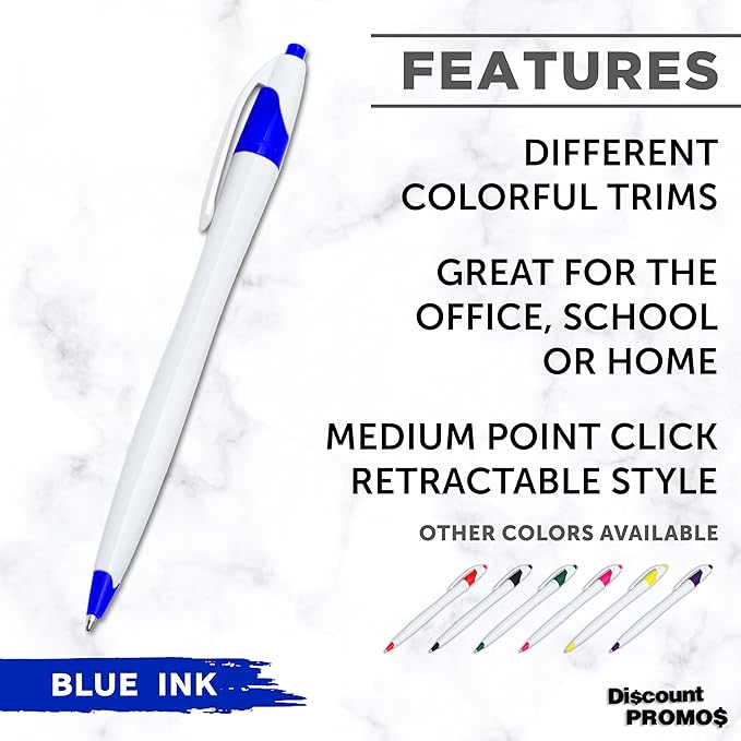 DISCOUNT PROMOS Slim Curvy Ballpoint Pens Set of 10, Bulk Pack - Blue Ink, Retractable, Great for Office, School, Tradeshows - Blue