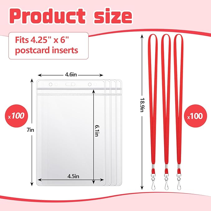 Chuangdi 100 Pcs Large 4 x 6 Inch Clear ID Badge Holder with Lanyard Waterproof Vertical Badge ID Card Holders Clear Plastic Tags Transparent PVC Pouch for Office (Red Lanyard)