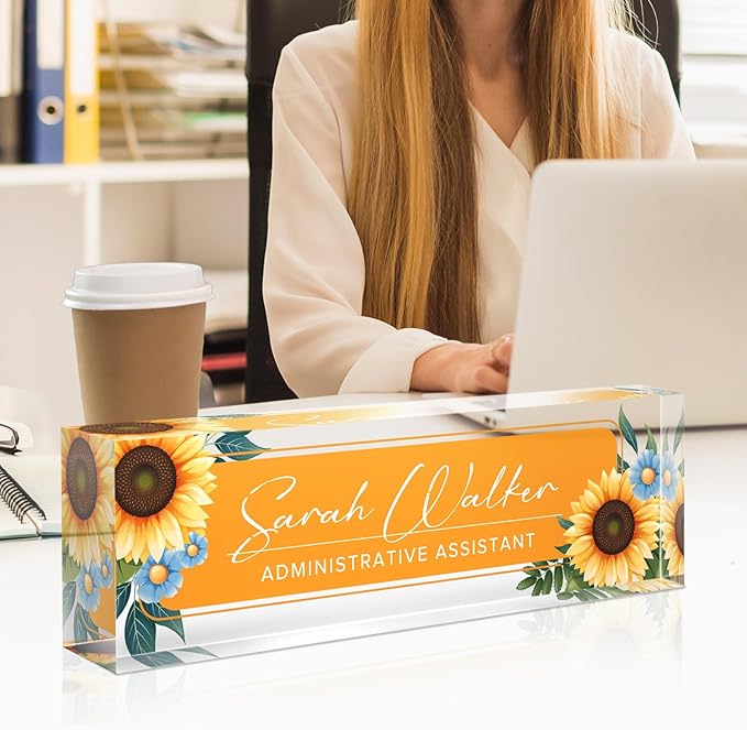 Custom Name Plate for Desk - Desk Name Plate Personalized - Office Desk Accessories - Employee Teacher Appreciation Gifts for Coworkers - Acrylic Sunflowers Office Desk Decor - Office Gifts for Women