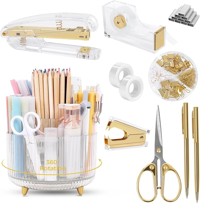 SKYDUE Gold Office Supplies Set, Pencil Holder for Desk,Gel Pen, Stapler, Tape Dispenser, Scissors,Clips and 1000pcs Staples, Office Decor for Women, Gold Desk Accessories