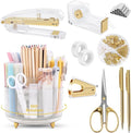SKYDUE Gold Office Supplies Set, Pencil Holder for Desk,Gel Pen, Stapler, Tape Dispenser, Scissors,Clips and 1000pcs Staples, Office Decor for Women, Gold Desk Accessories