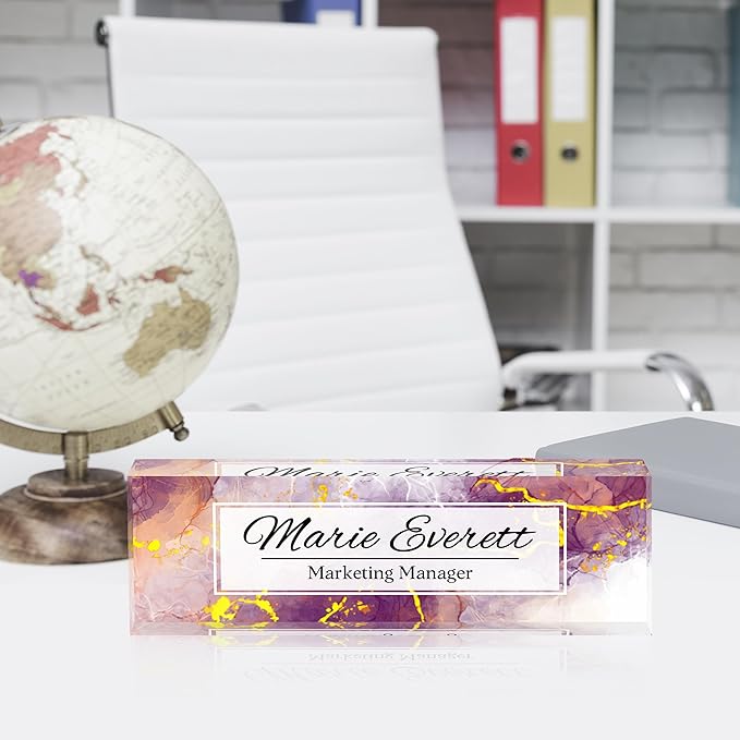 Personalized Name Plate for Desk Custom Acrylic Desk Name Plate Custom Employee Appreciation Gifts Office Gifts for Women, Men, Boss, Coworkers, Teacher, Nurse (Purple Marble)