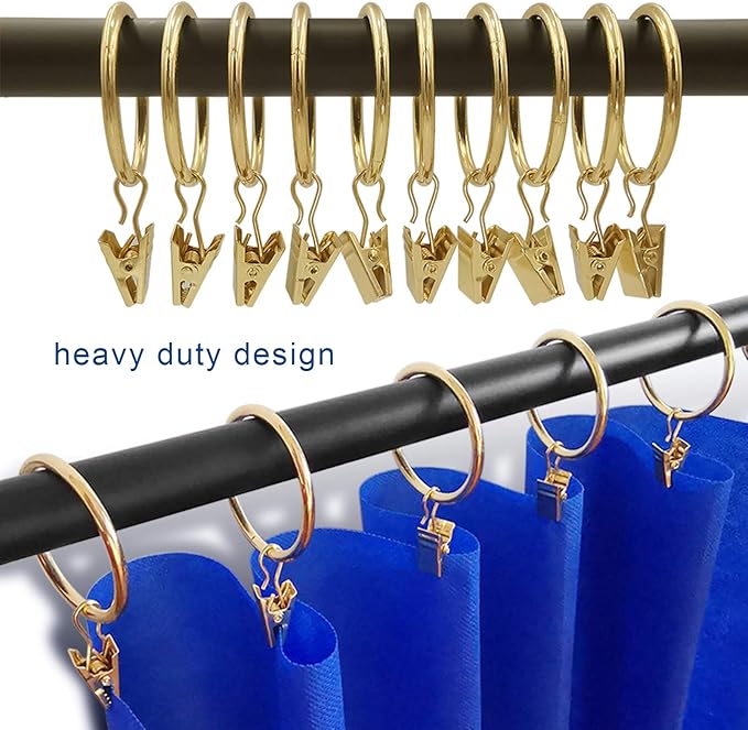 AMZSEVEN 40 Pack Metal Curtain Rings with Clips, Drapery Clips Hooks, Decorative Curtain Rod Clips 1.5 in Interior Diameter, Gold