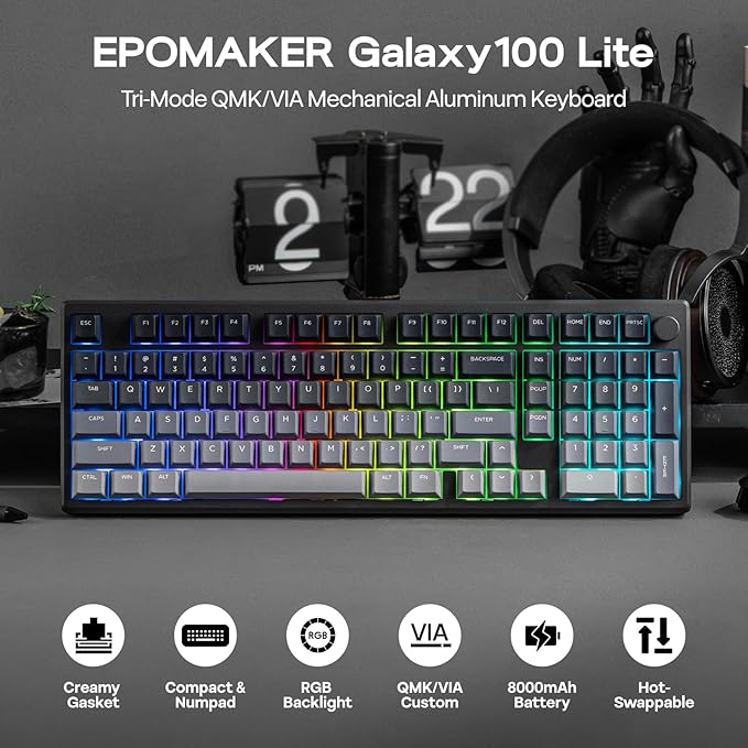 EPOMAKER Galaxy100 Lite QMK/VIA Gaming Keyboard with 8000mAh Battery and Numpad, 1800 Aluminum Mechanical Keyboard, USB-C/BT/2.4Ghz, Hot-Swap, Creamy Sound (Black, Wisteria Linear Switch)
