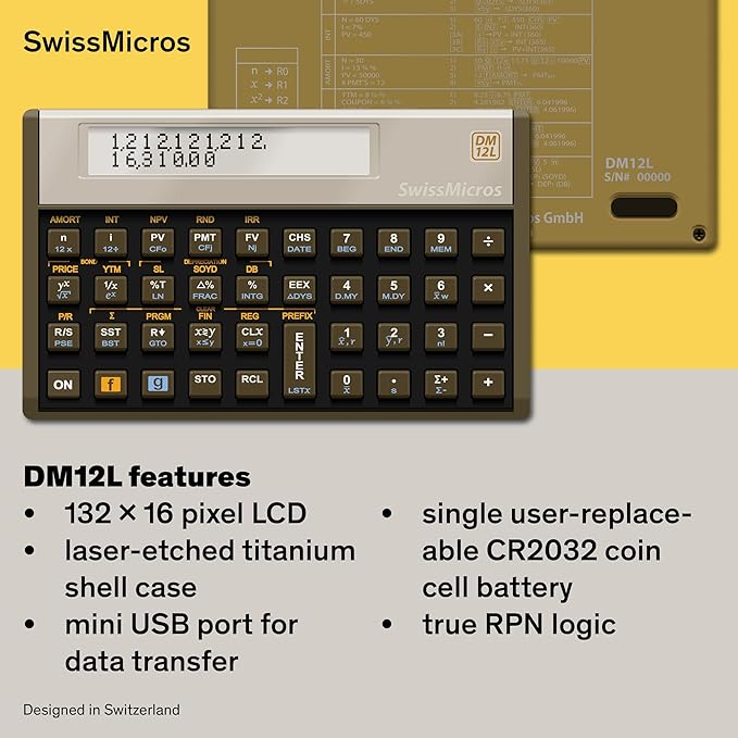 SwissMicros DM12L RPN Financial Calculator – HP 12C Inspired | Titanium Shell | TVM, NPV, IRR & Bonds | USB | Professional Gold Class