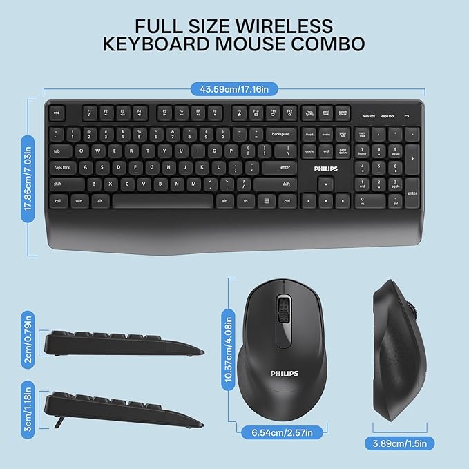 PHILIPS Wireless Keyboard and Mouse Combo-Ergonomic Keyboard and Mouse Wireless Combo with Silent Design,Plug n' Play,Sleep Mode and 2.4GHz Keyboard for Mac, Windows, Laptop-Black
