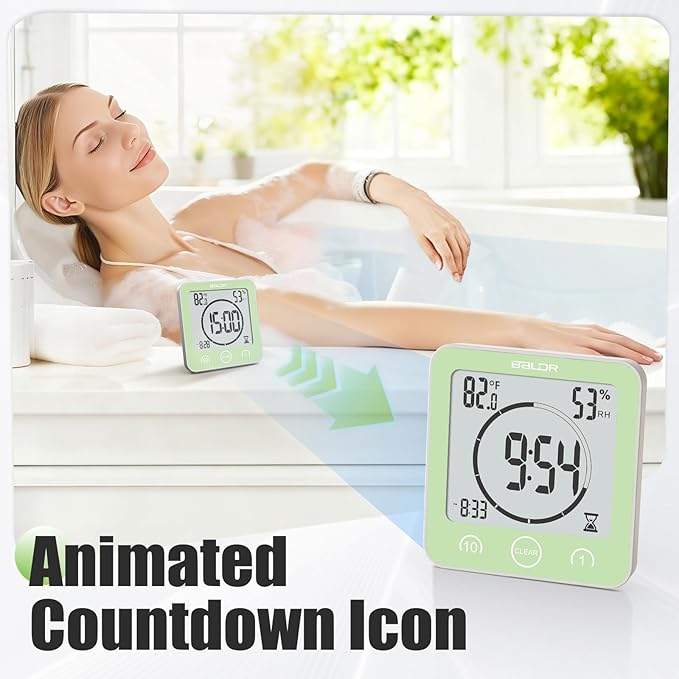 Baldr Shower Clock Waterproof Bathroom Clock with Timer/Temperature/Humidity, Digital Timers for Kids and Adults, Bath Kitchen Study, Green