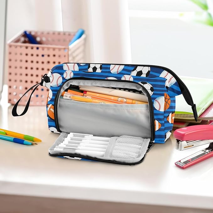 Soccer Balls Blue Pencil Case Pouch Big Capacity Pencil Bag Box Organizer Pen Case with Handle Stationery Organizer for Kids Boys Girls Women College Office