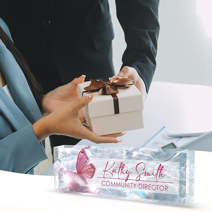 Desk Name Plate Personalized Name Plate for Desk, Office Desk Decor, 3D Style Personalized Plaque Name Plates for Desks Custom Appreciation Gifts for Boss Lady Employee Coworkers (Shiny Butterfly)