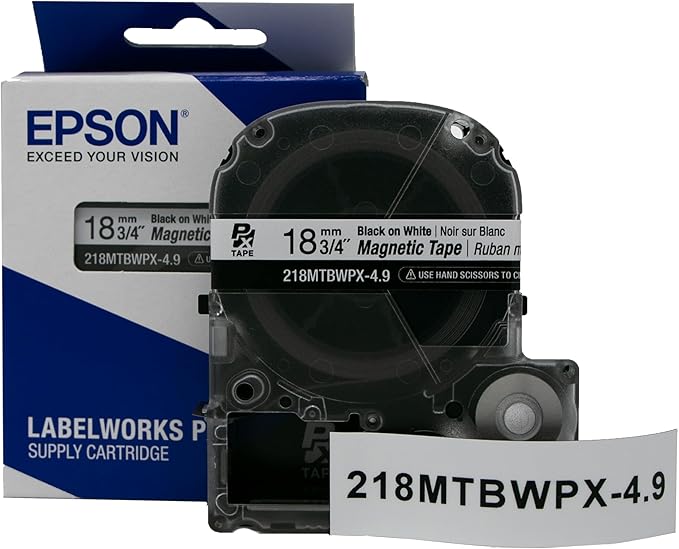 Epson LABELWORKS 218MTBWPX-4.9 Genuine Magnetic Tape Cartridge - Black on White Magnet Label Maker Tape - 3/4" (18MM) Wide, 4.9 ft, White