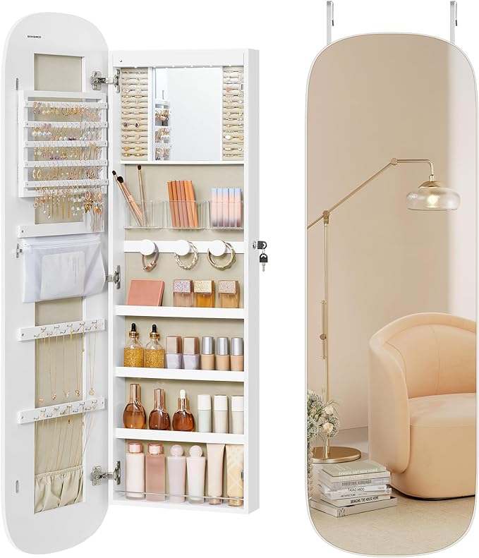 SONGMICS Jewelry Organizer, LED Jewelry Cabinet Wall/Door Mounted, Lockable Rounded Wide Mirror with Storage, Interior Mirror, 3.9 x 16.5 x 55 Inches, White Surface with Greige Lining