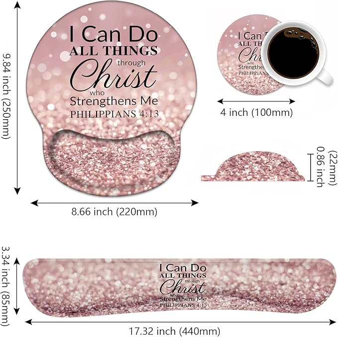 Keyboard Wrist Rest and Mouse Pad Wrist Rest Support Set, Non-Slip PU Base for Gaming and Office, Comfortable & Lightweight for Easy Typing & Pain Relief, Quote Bible Verse Philippians 4-13