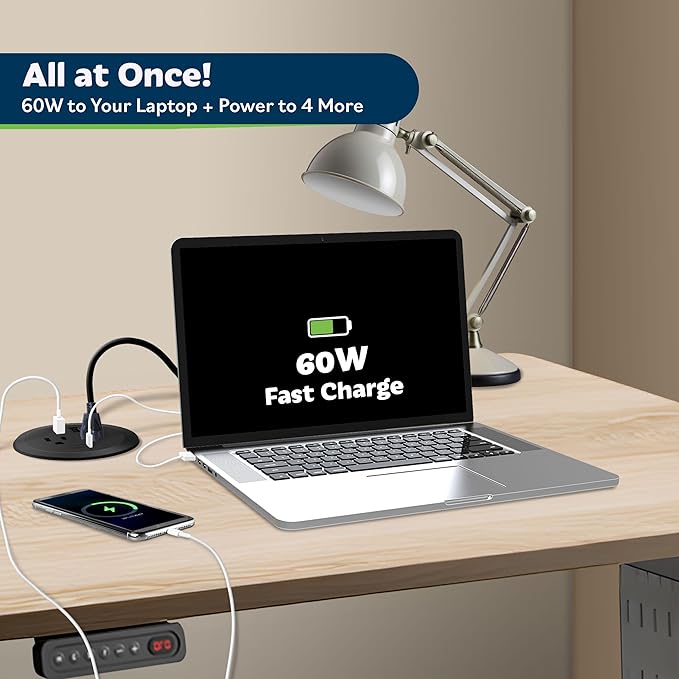 TOPGREENER Desktop Power Grommet with 65W PD Fast Charging USB C, GaN Desk Grommet for MacBook, 2 USB-A Ports and Duplex Receptacles, 3” Diameter Power Grommet, TTRP48APD60-BK, Black