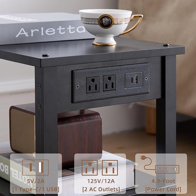 Lerliuo Under Desk Printer Stand with Charging Station, 2 Tier Wooden Small Printer Table with Storage, Rolling Printer Cart Shelf with Lockable Wheels for Home, Office (Black)