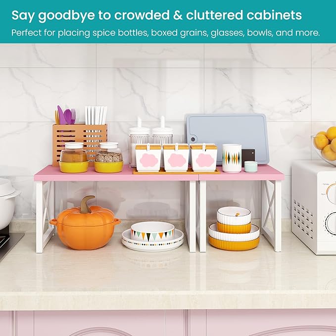 ELITEROO Desktop Shelf, 2 Tier Independent Stackable Desk Stand, Adjustable Freestanding Table Top Mini Bookshelf, Aesthetic Storage Organizers for Women/Girls/Daughter, Pink