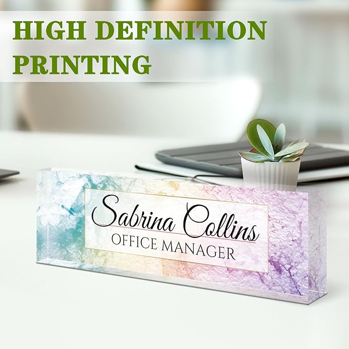 Name Plate for Desk, Desk Name Plate Personalized, Office Decor for Women Men, Acrylic Desktop Accessories, Office Appreciation Gifts for Boss Social Workers Nurse Teacher Employee (Colorful Marble)