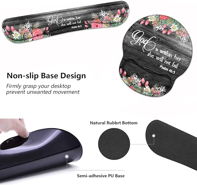 Keyboard Wrist Rest and Mouse Pad Wrist Support Set with Coasters, Ergonomic Gaming Mousepad for Home Office Working Studying Easy Typing & Pain Relief, Floral Quote Bible Verse Psalm 46:5
