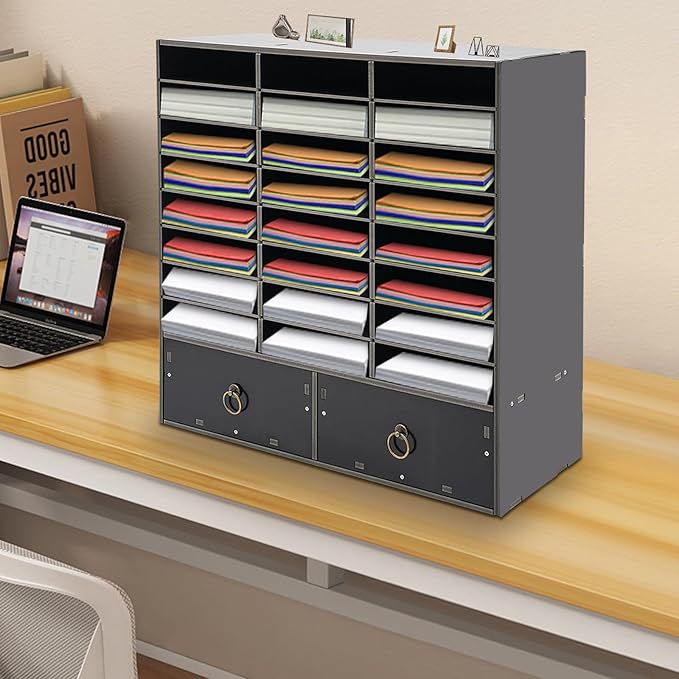 DYRABREST 24 Compartments Literature Organizer with 2 Drawers, Adjustable Desktop File Sorter Mail Center Paper Storage Cabinet with Adjustable Shelves for Home Office