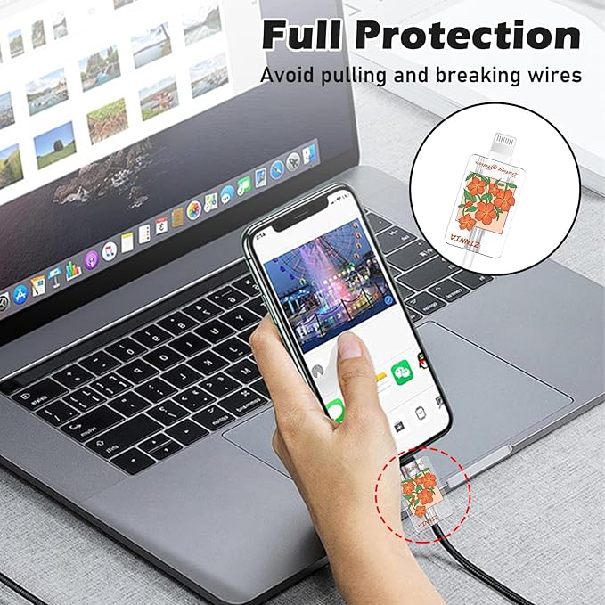 Lovely DIY Cable Protector for iPhone Adapter Charger,Cute Orange Daisy Flowers Design Transparent Data Line Cable Case, Phone Charging Protector for Apple Charger Cover