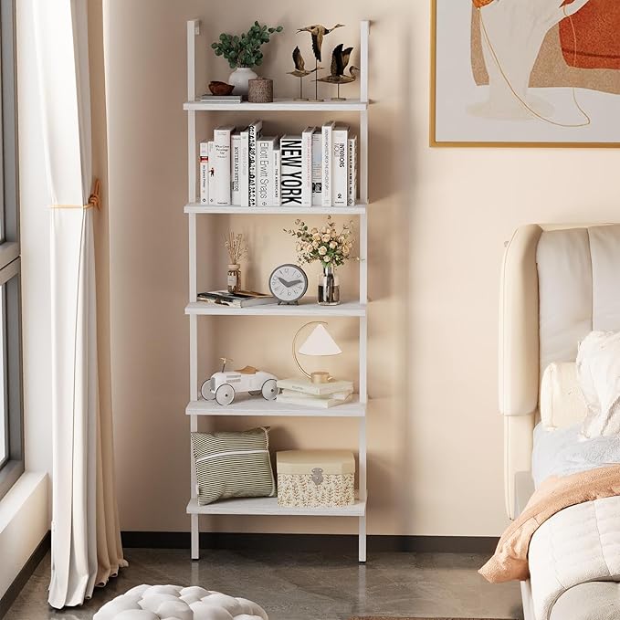 aboxoo Ladder Shelf White Wooden Bookshelf 5-Tier Wall-Mounted Open Wood Rack Industrial Modern Plant Flower Stand Utility Organizer Bookcase Metal Frame Furniture Office Kitchen Bedroom