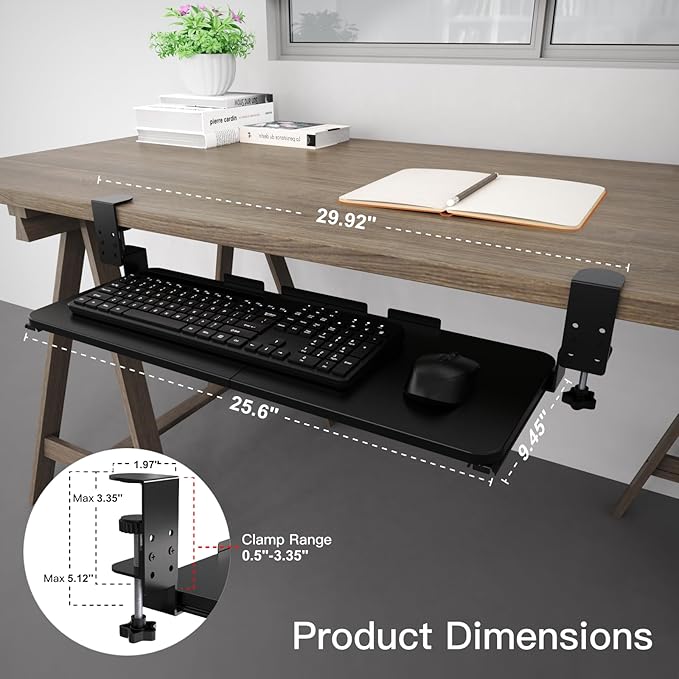 Large Keyboard Tray Under Desk Pull Out with Adjustable C-Clamp, Ergonomic Slide-Out Computer Keyboard and Mouse Platform Drawer for Office and Home Typing (Black)
