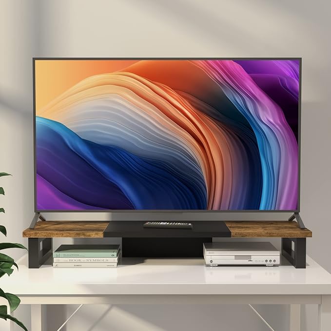 WESTREE Dual Monitor Stand Riser, Wood and Steel Multi-Purpose Desktop Storage Stand for 2 Monitors for Computer, Laptop, Printer, TV, Rustic Brown