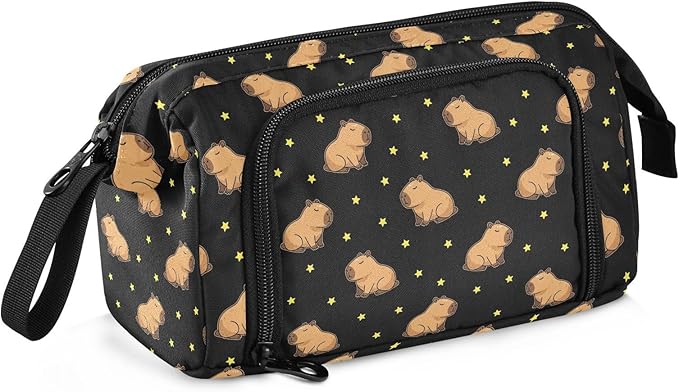 Capybara Stars Black Pencil Case Pouch Big Capacity Pencil Bag Box Organizer Pen Case with Compartmens Stationery Organizer for Girls Boys Adults Women School Office