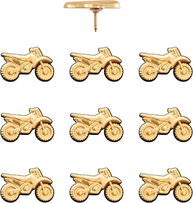 Dirt Bike Push Pins - Gold Dirt Bike Map Pins for Cork Boards, Maps, or Lapel Use - Designed in USA - Set of 10