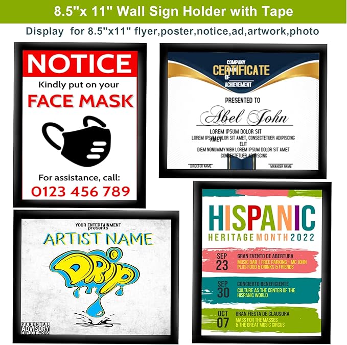 8.5" x 11" Acrylic Sign Holder Wall Mount, Plastic Magnetic Display Frame With Tape,Clear Plexiglass Self-adhesive Plastic Display Frame, Door/Window Sign Holder 6 pack No Drilling