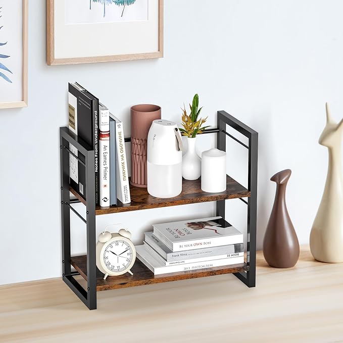 Office Desk Shelf Organizer, Wood Desktop Bookshelf Supplies Storage Rack, Shelf for Top of Desk and Dresser (Brown-2 Tier)