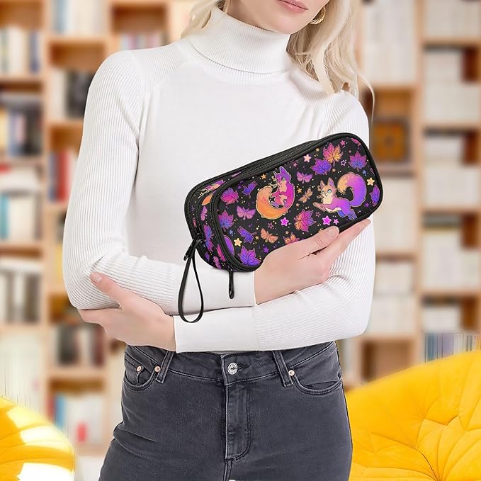 Purple Psychedelic Fox Cat Pencil Case Box Boys Girls Large Pencil Pouch with Zipper Compartments Big Capacity Stationery Pen Bag Organizer for Kids Teens Adults School