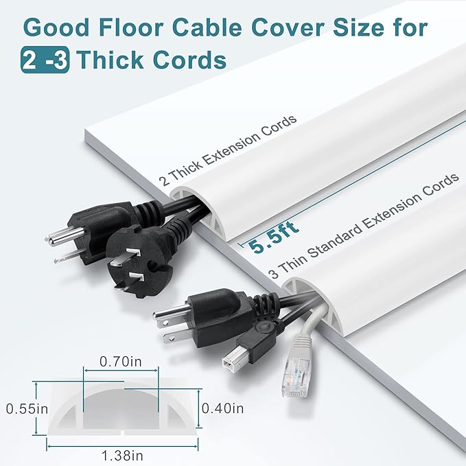 5.5FT Floor Cord Cover, White Soft Cable Cover Floor, Large Size Extension Cord Covers for Floor, Power Cord Protector Floor Wire Cover - Cord Channel Diameter: 0.7" (W) x 0.4" (H)