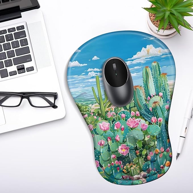 YIWEI Ergonomic Mouse Pad with Wrist Rest - Comfortable Office Mousepad with Memory Foam Wrist Support for Carpal Tunnel Relief, Mouse Pads with Non-Slip Base for Gaming and Home (Cactus)
