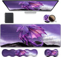 Ergonomic Keyboard Wrist Rest & Mouse Pad Wrist Rest Set, Large XXL Gaming Desk Mat 31.5"x 11.8" with Memory Foam, Easy Typing Pain Relief for Office & Home, Purple Dragon