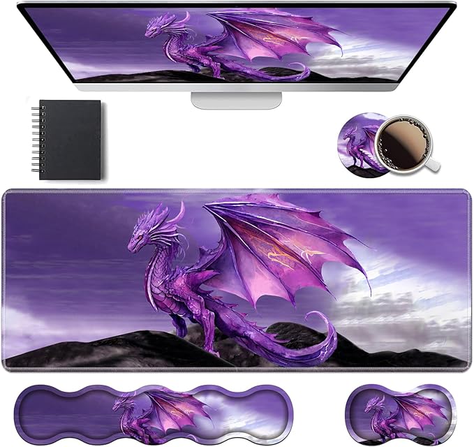 Ergonomic Keyboard Wrist Rest & Mouse Pad Wrist Rest Set, Large XXL Gaming Desk Mat 31.5"x 11.8" with Memory Foam, Easy Typing Pain Relief for Office & Home, Purple Dragon